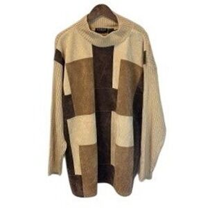 VINTAGE 1980s Koman Sport Mens Patchwork Sweater Faux Suede Rib Knit Size XL
